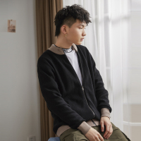 唐狮2019男针织外套春季潮流新款男开衫毛衣学生毛线衣黑色拼接