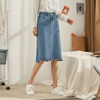唐狮2019春夏新款半身裙女牛仔裙高腰a字裙中长不规则半身裙开衩
