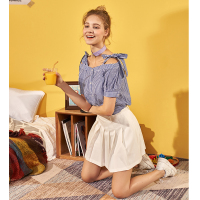 唐狮2019夏装新款格子短袖衬衫女韩版学生衬衣半袖学院风露肩上衣