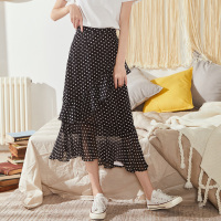 唐狮2019春夏新款半身裙女高腰长裙荷叶边雪纺波点裙中长款鱼尾裙