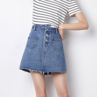 唐狮2019春夏新款半身裙女牛仔裙高腰a字短裙不规则裙子下摆毛边