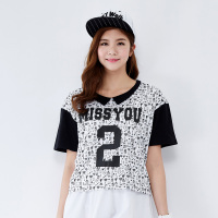 唐狮夏装T恤宽松女韩版娃娃领满地印花短袖T恤圆