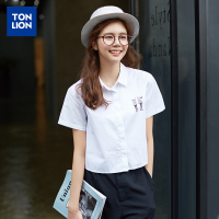 唐狮夏装新款短袖polo领衬衫女印花半袖短款学生