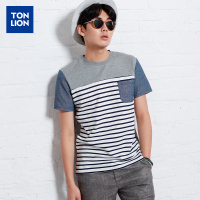 短袖T恤 男拼接色织条圆领条纹撞色韩版青年上衣