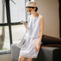 唐狮夏装新款棉圆领连衣裙女无袖蕾丝拼接短裙