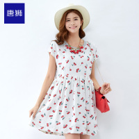 唐狮夏装连衣裙女樱桃印花罗纹领宽松版连衣裙