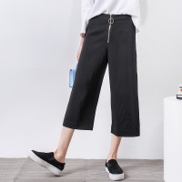 唐狮春装新款休闲裤襟拉环阔腿裤高腰宽松七分裤