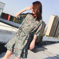 唐狮夏装新款连衣裙 女圆领宽松型印花蝙蝠袖连