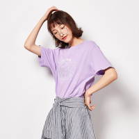 唐狮纯棉宽松短袖T恤女上衣清新学院风卡通图案紫色学生T半袖潮