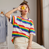 唐狮短袖T恤女2019夏季新款红韩版纯棉半袖彩虹条纹T恤潮学生
