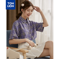 唐狮2019春夏短袖女衬衫vetiver韩版格子衬衣女