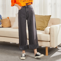 唐狮2019秋新款牛仔裤女高腰cec裤子女阔腿直筒宽松小个子泫雅裤