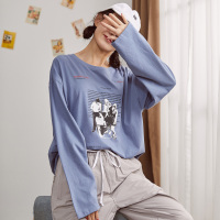 唐狮长袖T恤女2019早秋新款女装港风宽松上衣时尚圆领套头T恤女潮