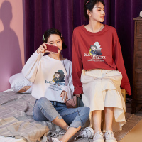 唐狮2019秋新款长袖圆领T恤女韩版宽松卡通图案T恤学生纯棉上衣潮