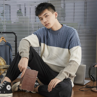 唐狮2019冬季新款撞色条纹毛衣男圆领毛衫套头衫宽松学生针织衫男