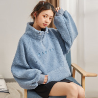 唐狮2019冬季新款仿羊羔绒半高领卫衣女宽松韩版加绒加厚卫衣女潮