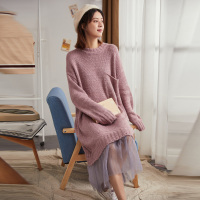 唐狮2019秋冬季新款毛衣裙假两件网纱拼接长款连