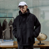 唐狮2019冬季连帽仿毛呢外套男士青年港风宽松黑色夹克