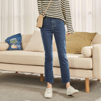 唐狮2019冬装新款高腰牛仔裤女修身微喇裤九分抓绒薄绒显瘦小脚裤