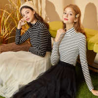 2019唐狮秋冬新款条纹高领打底衫女长袖T恤宽松内搭韩版百搭上衣