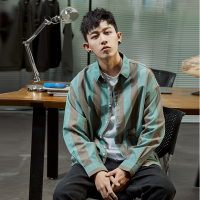 唐狮20春新条纹衬衫男长袖韩版工装宽松上衣青年韩版拼接港风衬衣