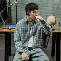 唐狮春季格子衬衫男长袖港风休闲宽松格子衫青年韩版纯棉格子衬衣