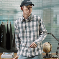 唐狮2020春季格子长袖衬衫男青年宽松韩版上衣港风学生衬衣外套潮