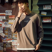 唐狮2020春季新款长袖T恤男青少年圆领绣字拼接纯棉衣服宽松潮流