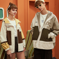 唐狮情侣外套2020春秋装新款连帽拼接情侣装韩版潮流男女网红上衣