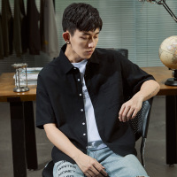 唐狮20夏季新款男士黑色短袖寸衫青少年纯色简约半袖寸衣休闲上装