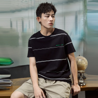 唐狮2020夏装新款短袖男T恤黑色宽条纹上衣学生港风纯棉宽松半袖