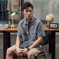 唐狮2020夏季薄款短袖条纹衬衫男式韩版潮流日系灰色寸衫半袖上衣