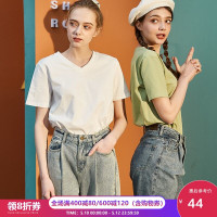 2020夏季新款纯色短袖T恤女白色V领上衣打底衫紫色内搭半袖黑色t