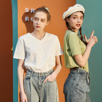 2020夏季新款纯色短袖T恤女白色V领上衣打底衫紫色内搭半袖黑色t