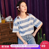 唐狮2020年夏季新款短袖T恤女韩版宽松条纹T恤女休闲百搭白色T恤