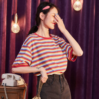 唐狮2020年夏季新款短袖条纹T恤女韩版宽松纯棉T恤ins潮打底衫