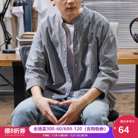 唐狮2020春夏7七分袖衬衫短袖男士宽松立领竖条纹日系中袖衬衣潮