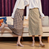 唐狮2020秋季新款格子半身裙女高腰显瘦中长款开叉一步裙W