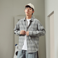 唐狮20秋季格子衬衫男长袖灰色港风日系内搭衬衣宽松学生休闲寸衫