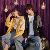 唐狮2020秋新款情侣装情侣外套男女连帽拼接开衫宽松学生撞色潮牌