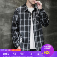 唐狮2020文艺复古格子衬衫男秋季黑色宽松长袖外套日系韩版衬衣潮