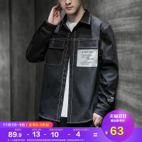 唐狮2020衬衫男秋季黑色宽松帅气上衣港风辑明线外套韩版潮流男装