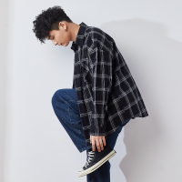 唐狮2021春季撞色格纹韩版长袖衬衫男黑色格子上衣帅气衬衣外