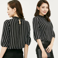 竖条纹T恤女韩版中袖宽松半高领雪纺衫2018春装新款女装上衣