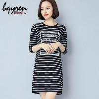 针织毛衣女直筒连衣裙2018中长款春秋长袖体恤条纹显瘦打底T恤衫