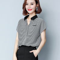 条纹衬衫女夏短袖2018新款韩范气质V领洋气小衫宽松蝙蝠雪纺上衣