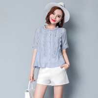 遮肚子雪纺衫短袖女夏上衣2018新款宽松洋气小衫显瘦蕾丝娃娃衬衫
