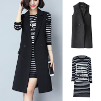 2018新款黑色西装马甲套装女春秋中长款复古港味chic风时尚两件套