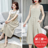 带裙女2018夏装外穿中长款小清新bf长裙00后文艺背带裙两件套