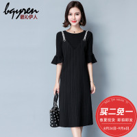 2018新款春装中长款连衣裙赫本小黑裙直筒一步裙套装背带裙两件套